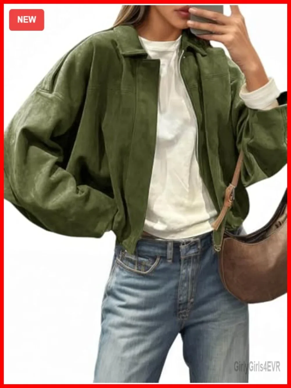 Faux Suede Cropped Bomber Jacket Zip Up Oversized